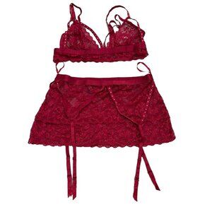 Dream Girl Lace Bra Skirt Garter Set Red Sexy Lingerie  Size Medium M‎